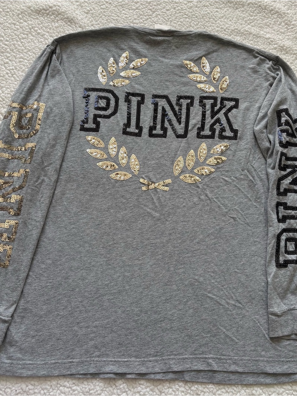 VS PINK gray gold sequin laurel wreath long sleeve oversized slouchy tee Y2K